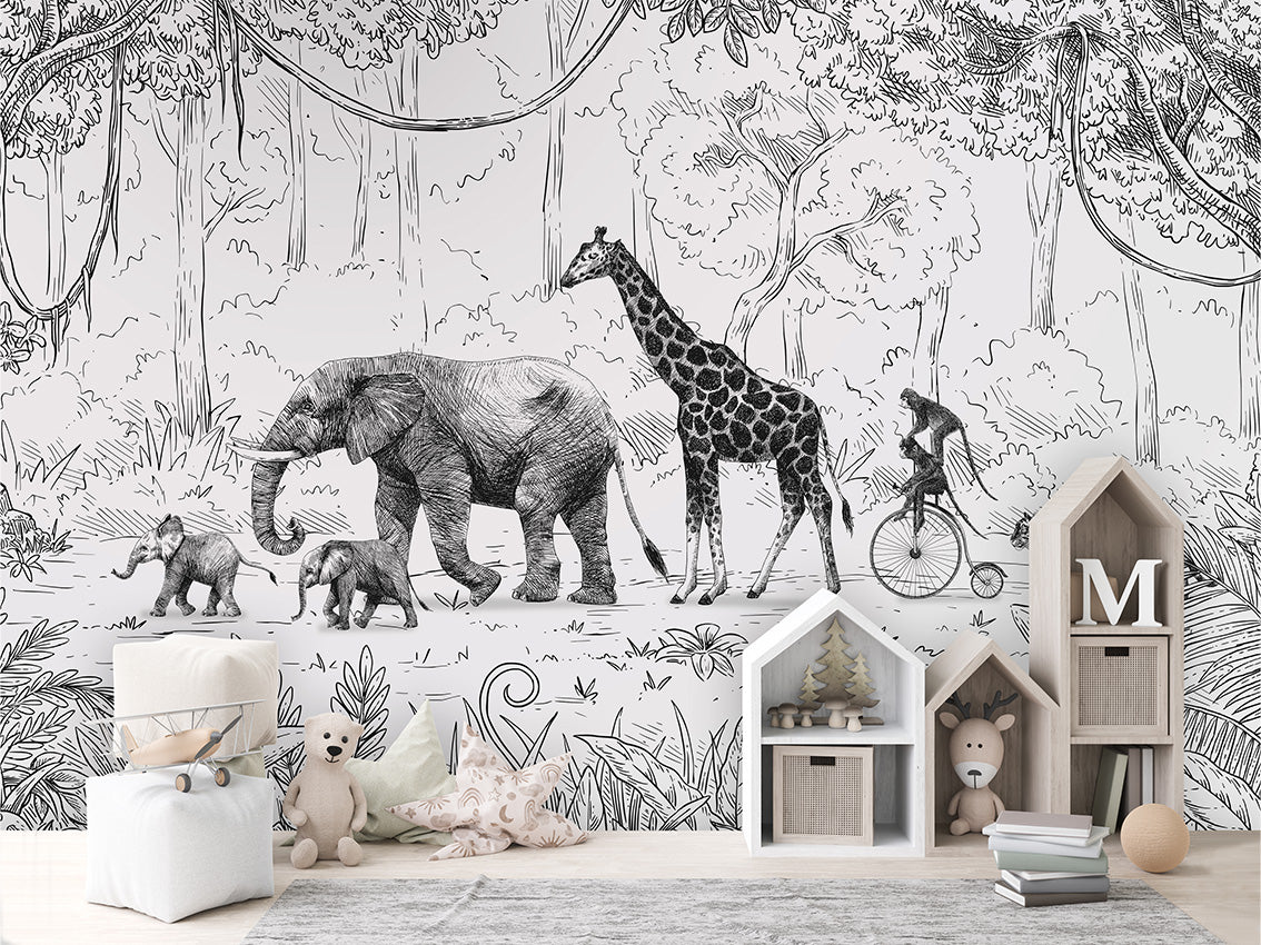 Animal Parade - BW luxury wallpaper in kids room interior — Artehub Egypt