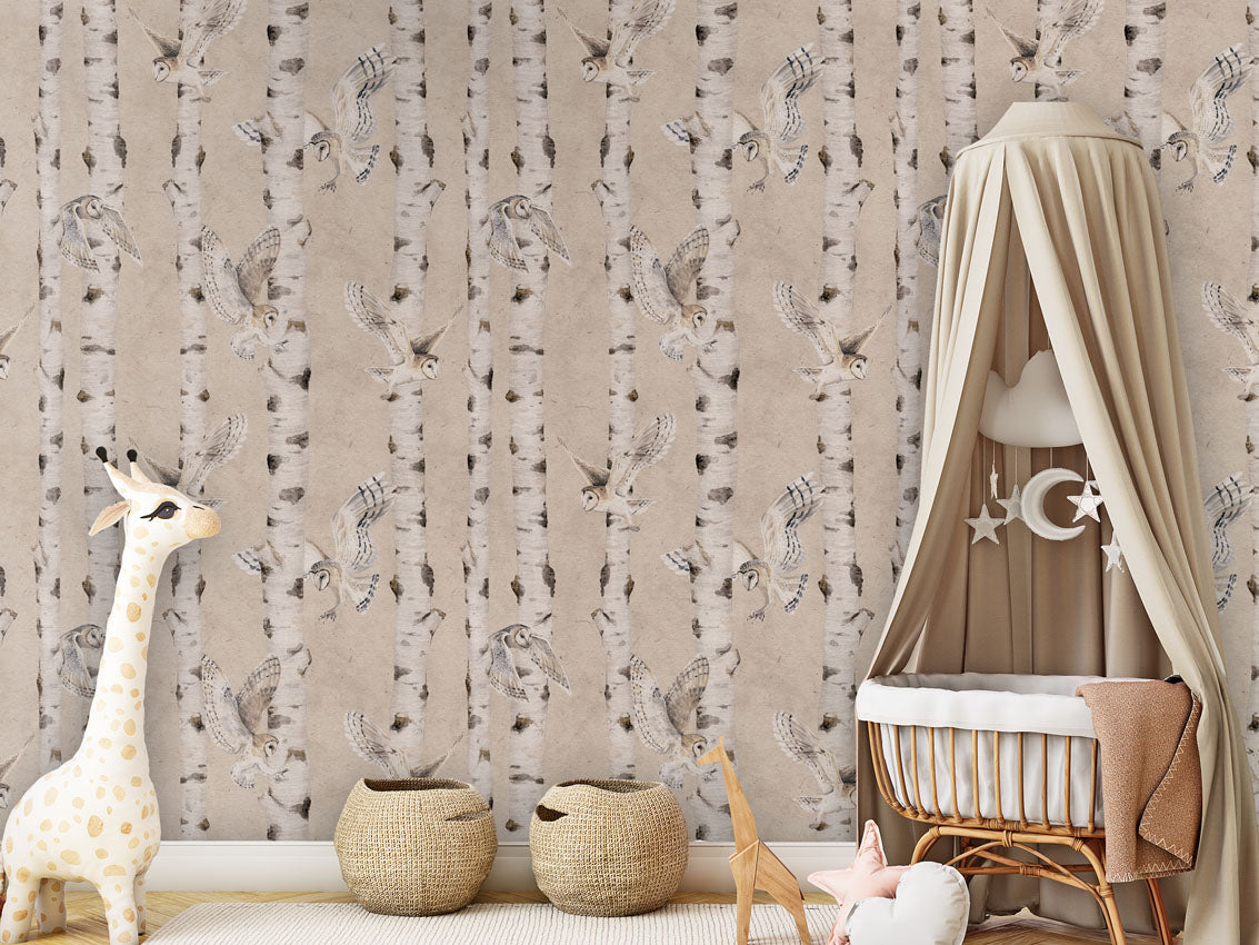Birch and Owls - Beige luxury wallpaper in kids room interior — Artehub Egypt