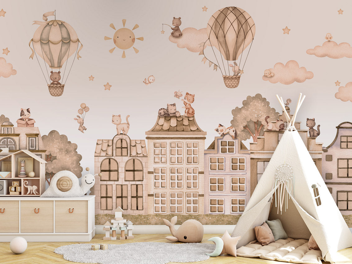 City Cats - mono kids room wallpaper interior — premium wallpaper by Artehub Egypt