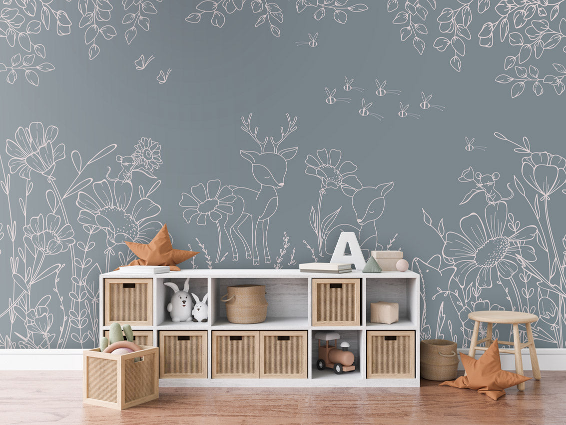 Deer Doodles - blue kids room wallpaper interior — premium wallpaper by Artehub Egypt
