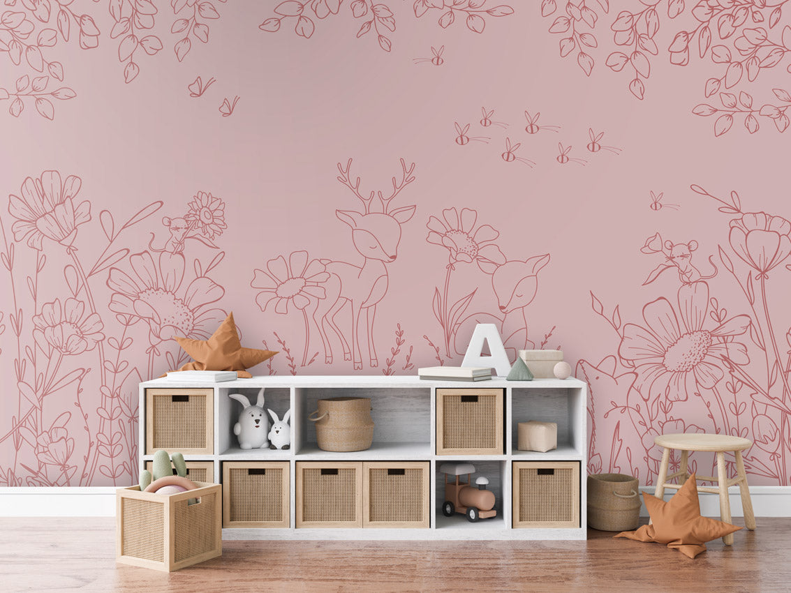 Deer Doodles - pink dark kids room wallpaper interior — premium wallpaper by Artehub Egypt