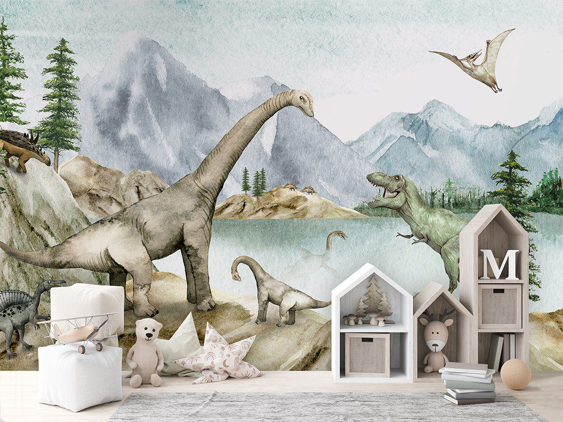 Dino Dreams luxury wallpaper in kids room interior — Artehub Egypt