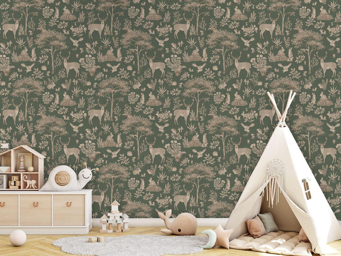 Fantastic Forest - Vintage Green luxury wallpaper in kids room interior — Artehub Egypt