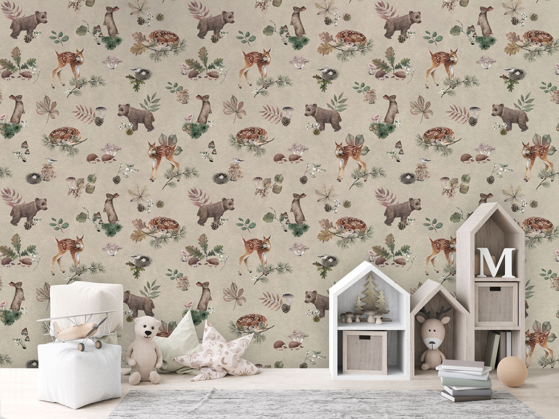 Forest Gathering - Beige luxury wallpaper in kids room interior — Artehub Egypt