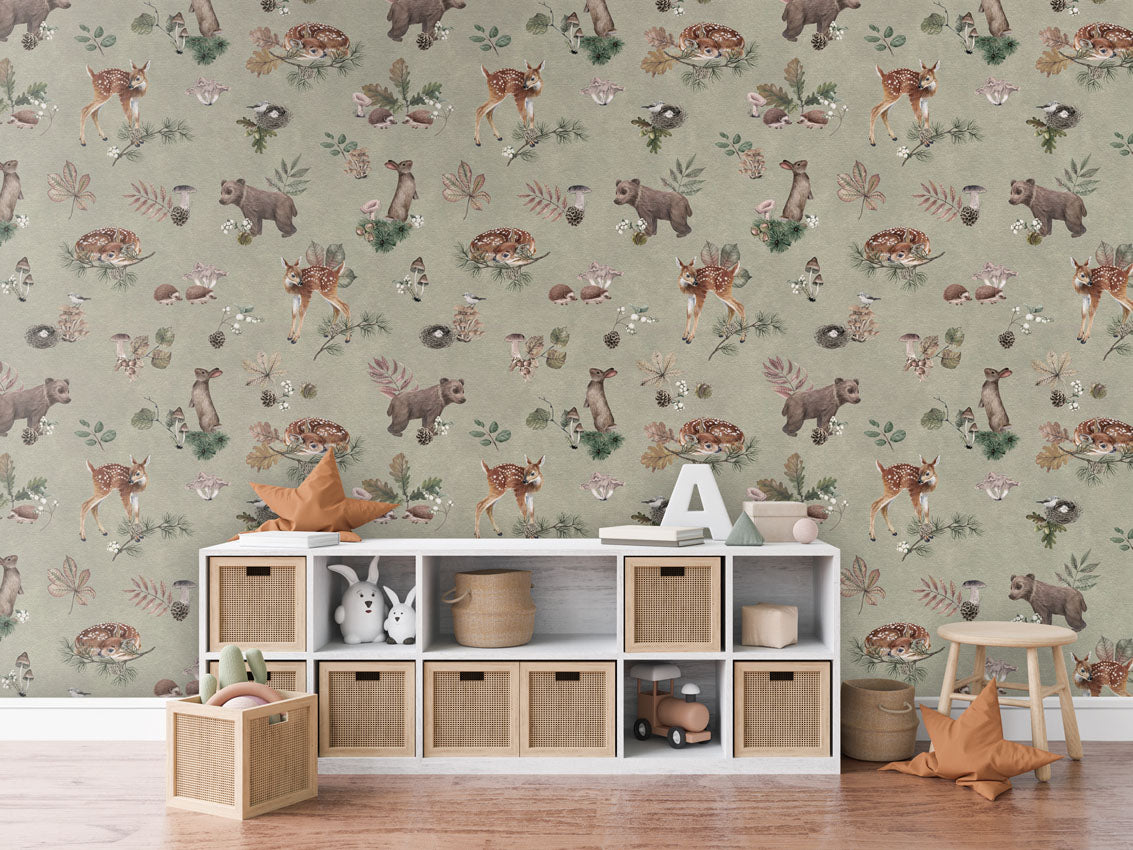 Forest Gathering - Green luxury wallpaper in kids room interior — Artehub Egypt