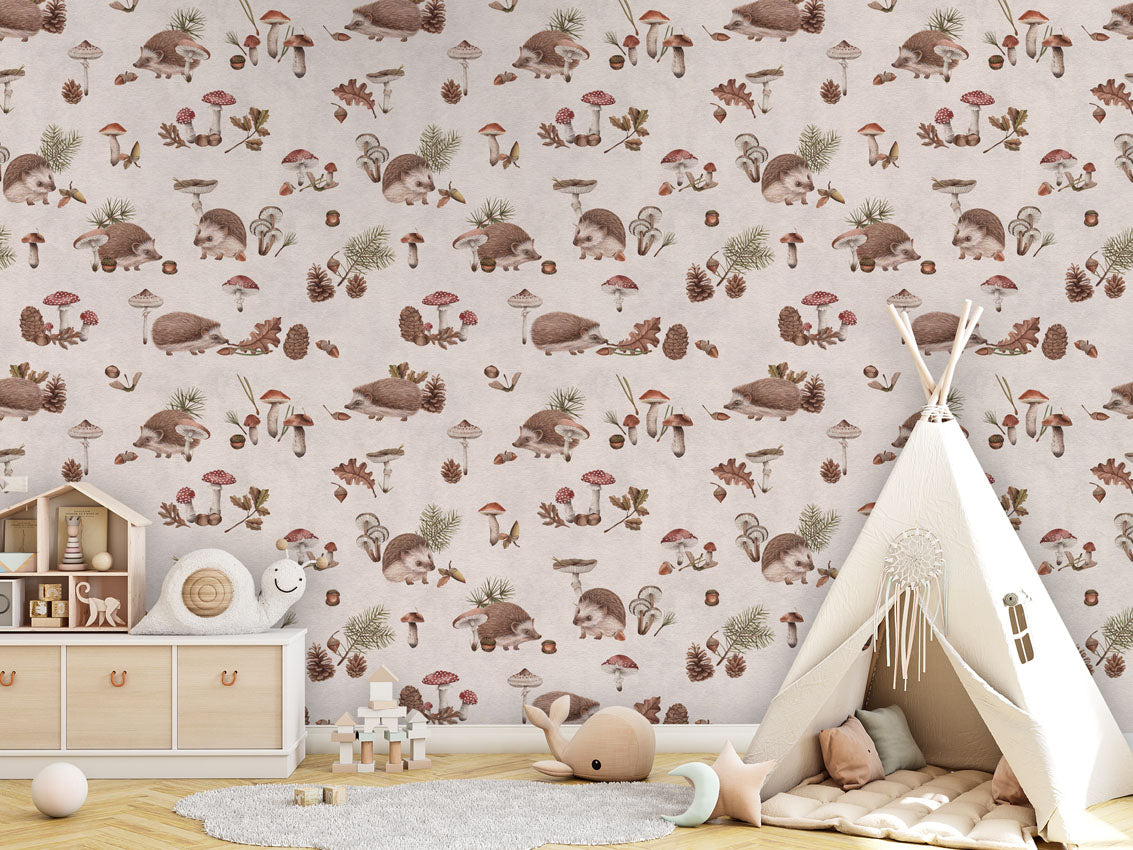 Happy Hedgehog - White luxury wallpaper in kids room interior — Artehub Egypt