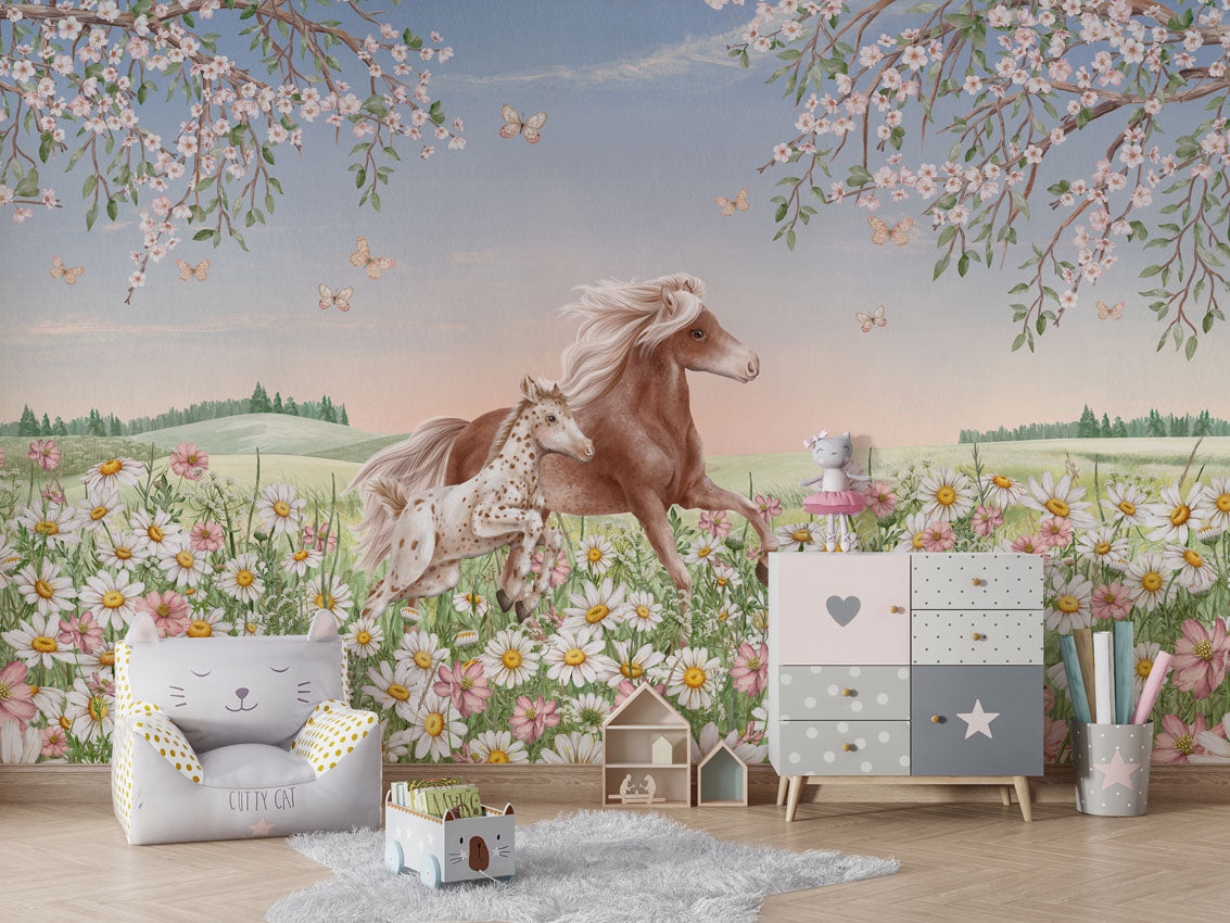 Happy Horses luxury wallpaper in kids room interior — Artehub Egypt