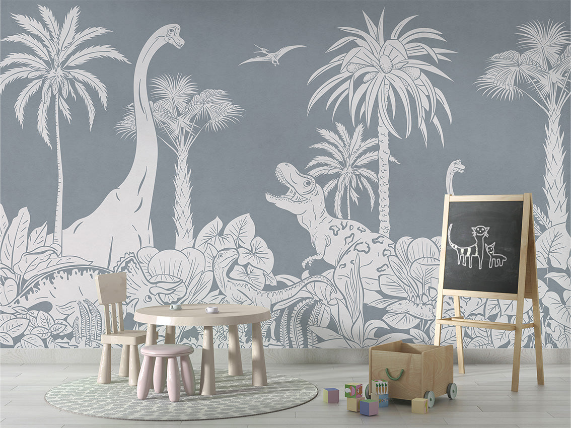 Monochrome Dino - Blue luxury wallpaper in kids room interior — Artehub Egypt