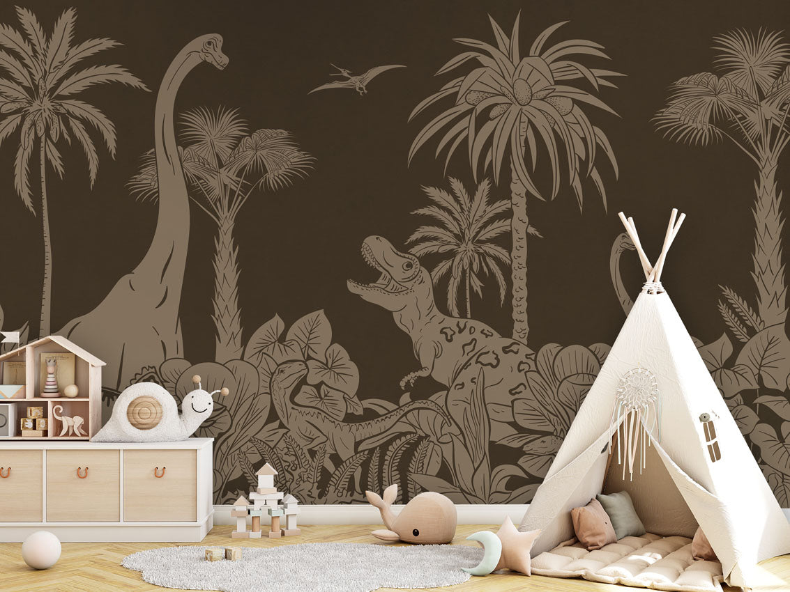 Monochrome Dino - Brown Vintage luxury wallpaper in kids room interior — Artehub Egypt