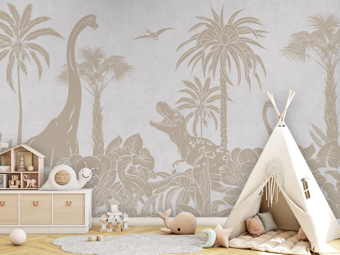 Monochrome Dino - White Vintage luxury wallpaper in kids room interior — Artehub Egypt