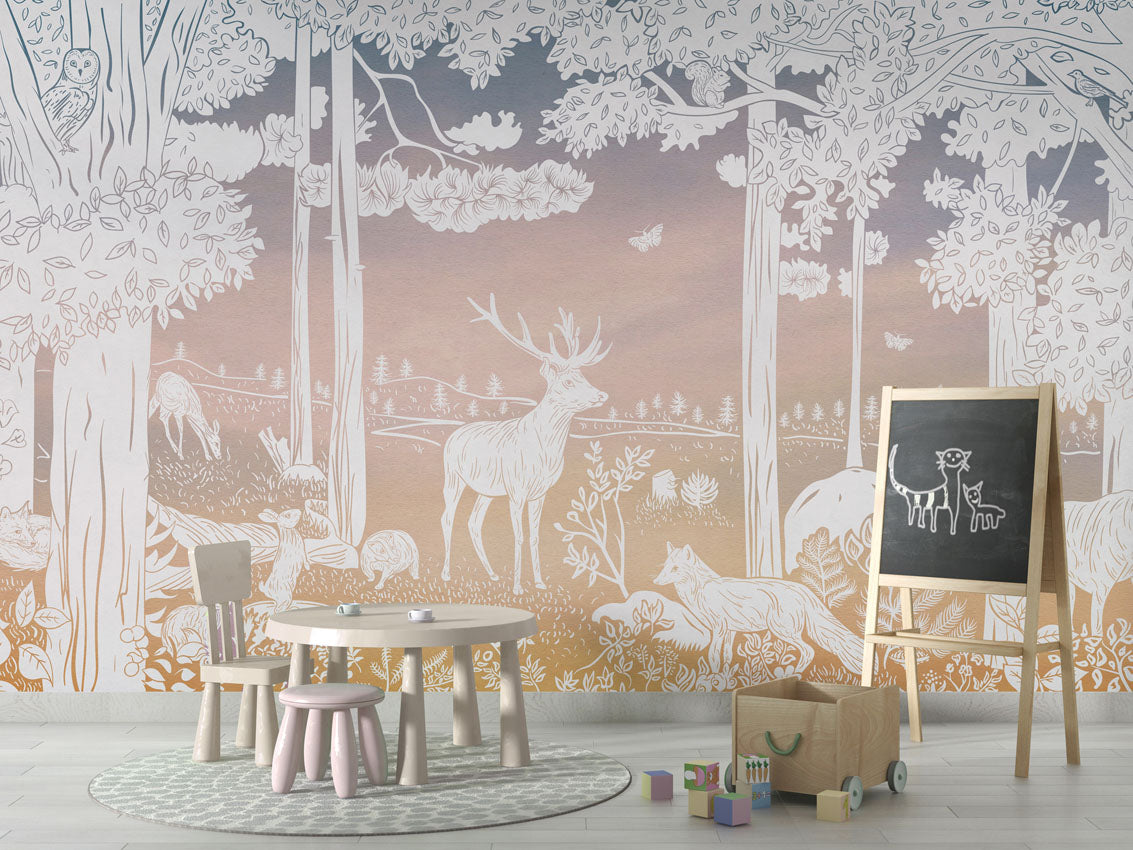 Monochrome Forest - Pink Sky luxury wallpaper in kids room interior — Artehub Egypt