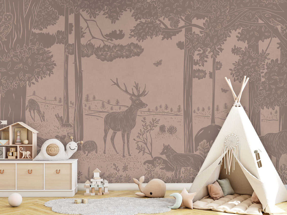 Monochrome Forest - Pink Vintage luxury wallpaper in kids room interior — Artehub Egypt