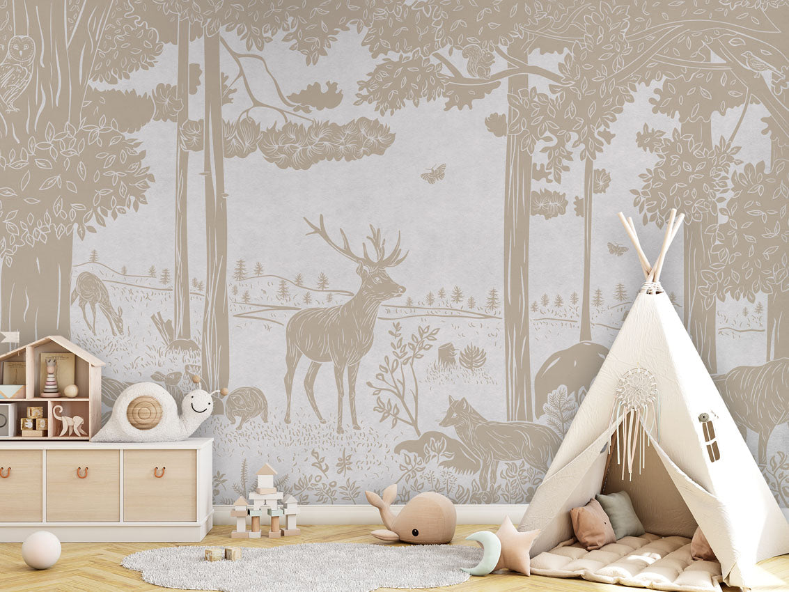 Monochrome Forest - White Vintage luxury wallpaper in kids room interior — Artehub Egypt