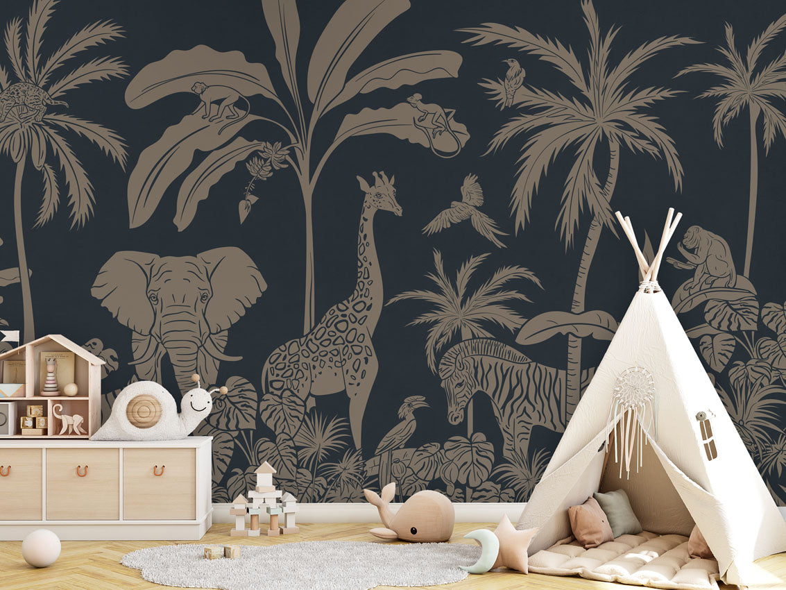 Monochrome Jungle - Blue Vintage luxury wallpaper in kids room interior — Artehub Egypt