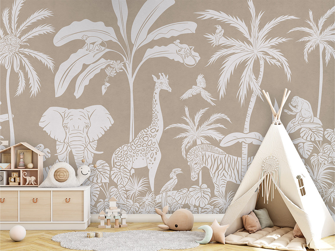 Monochrome Jungle - Brown luxury wallpaper in kids room interior — Artehub Egypt