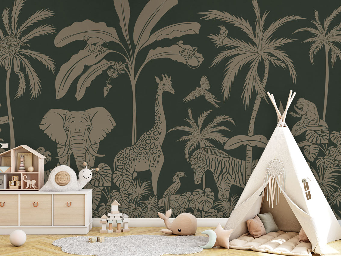 Monochrome Jungle - Green Vintage luxury wallpaper in kids room interior — Artehub Egypt