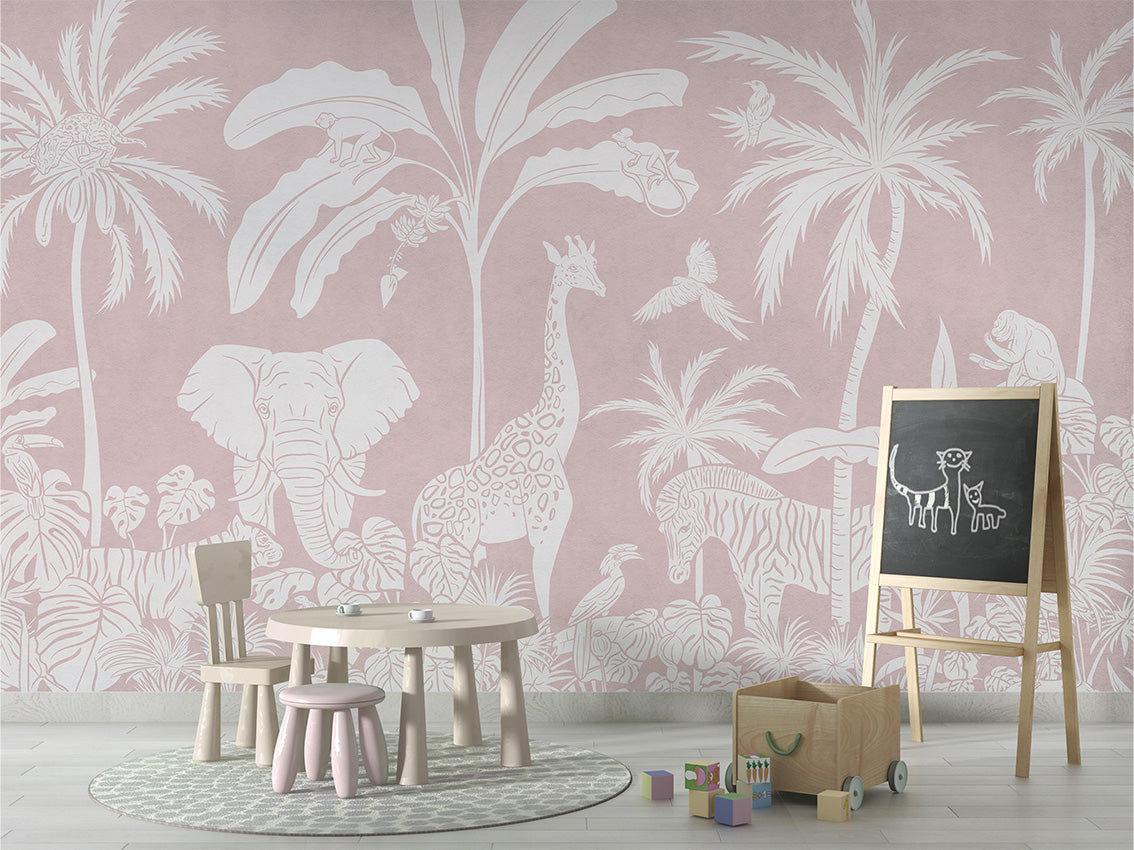 Monochrome Jungle - Pink luxury wallpaper in kids room interior — Artehub Egypt