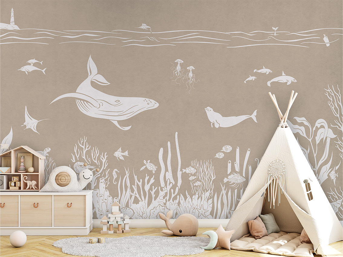 Monochrome Sea - Brown luxury wallpaper in kids room interior — Artehub Egypt