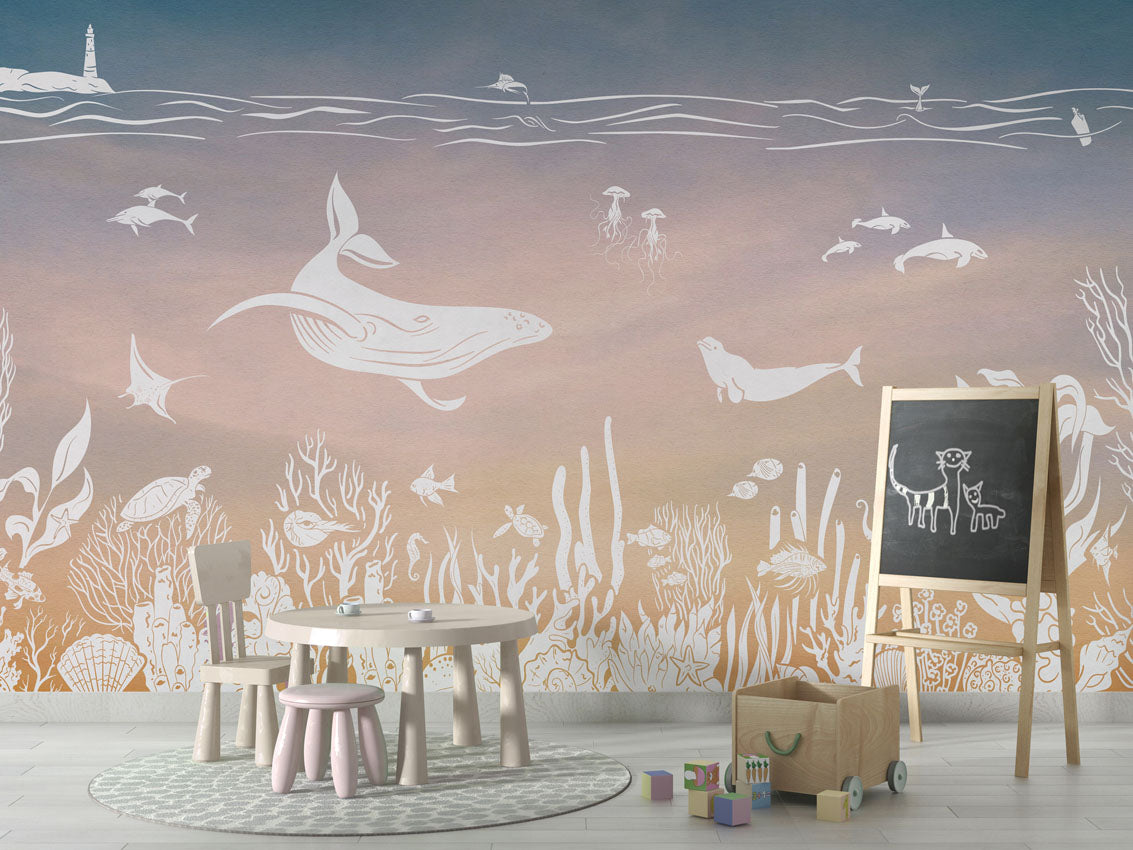 Monochrome Sea - Pink Aqua luxury wallpaper in kids room interior — Artehub Egypt