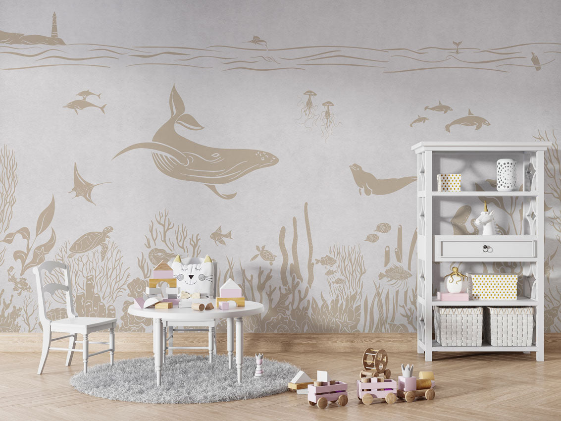 Monochrome Sea - White Vintage luxury wallpaper in kids room interior — Artehub Egypt