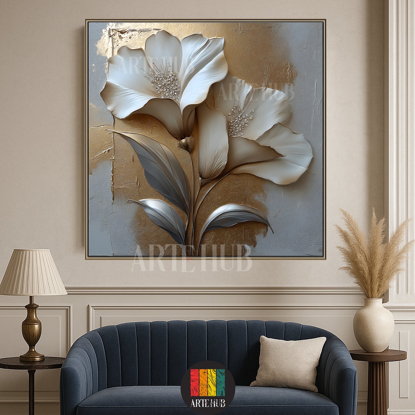 Elegant 3D-style white lilies with gold leaf accents on a grey textured background canvas wall art by Artehub for home decoration in Egypt.
تابلوه كانفاس لزهور بيضاء بلمسات ذهبية بارزة بتصميم مودرن من ارت هاب، قطعة ديكور مميزة للحوائط في مصر.