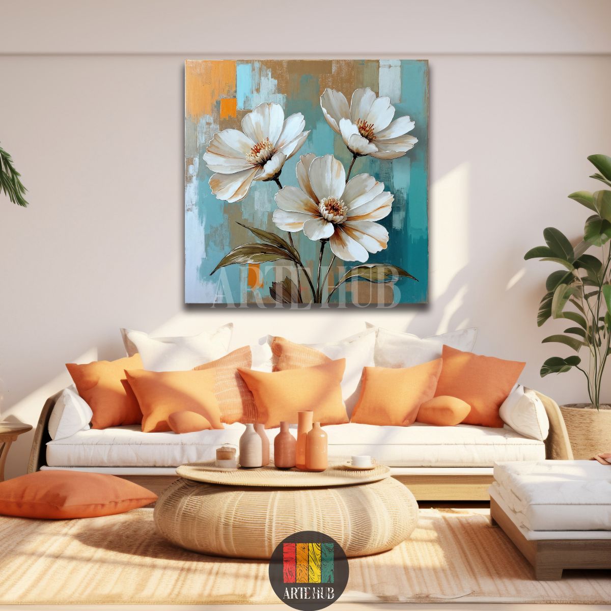 A square canvas wall art from Artehub showing three large white flowers with detailed centers against a teal, blue, and orange textured background in an Egyptian restaurant setting.
لوحة جدارية مربعة من آرت هب تظهر ثلاث زهور بيضاء كبيرة بتفاصيل دقيقة على خلفية ملونة بالأزرق والبرتقالي، مناسبة لتصميمات الديكور الحديثة في مصر.