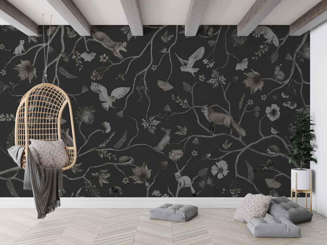 Playful Forest - Monochrome - black luxury wallpaper in kids room interior — Artehub Egypt
