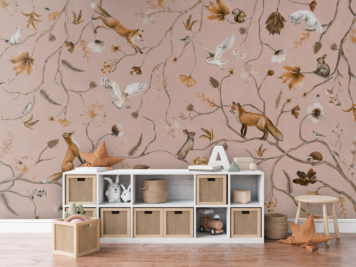 Playful Forest - pink luxury wallpaper in kids room interior — Artehub Egypt