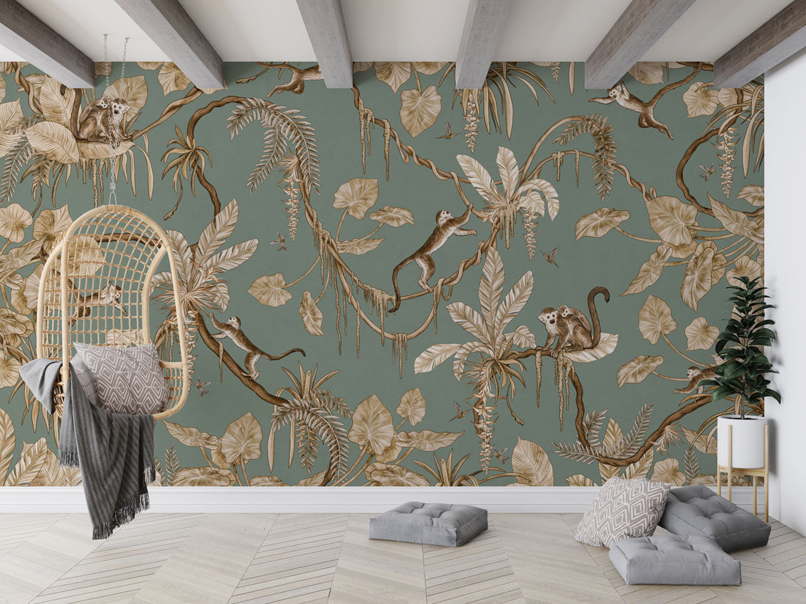 Playful Monkeys - Vintage - green luxury wallpaper in kids room interior — Artehub Egypt