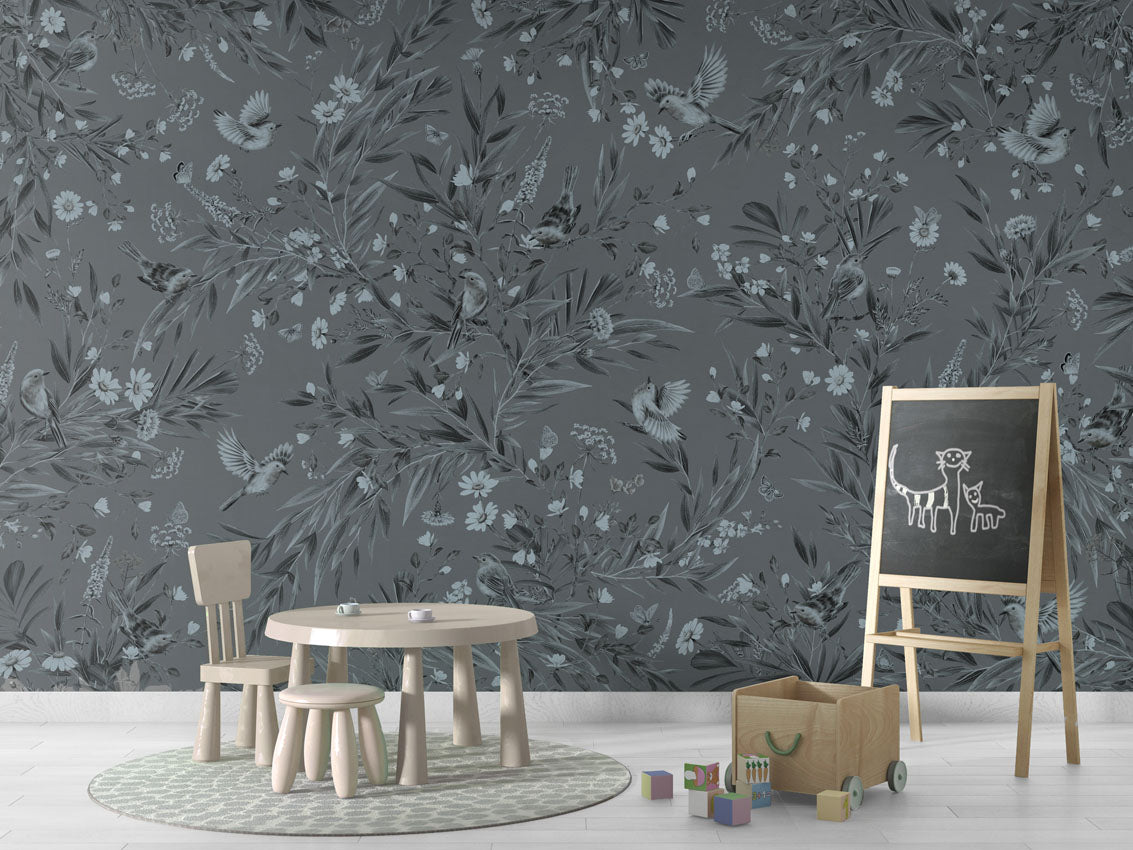 Playful Robins - Monochrome - blue luxury wallpaper in kids room interior — Artehub Egypt
