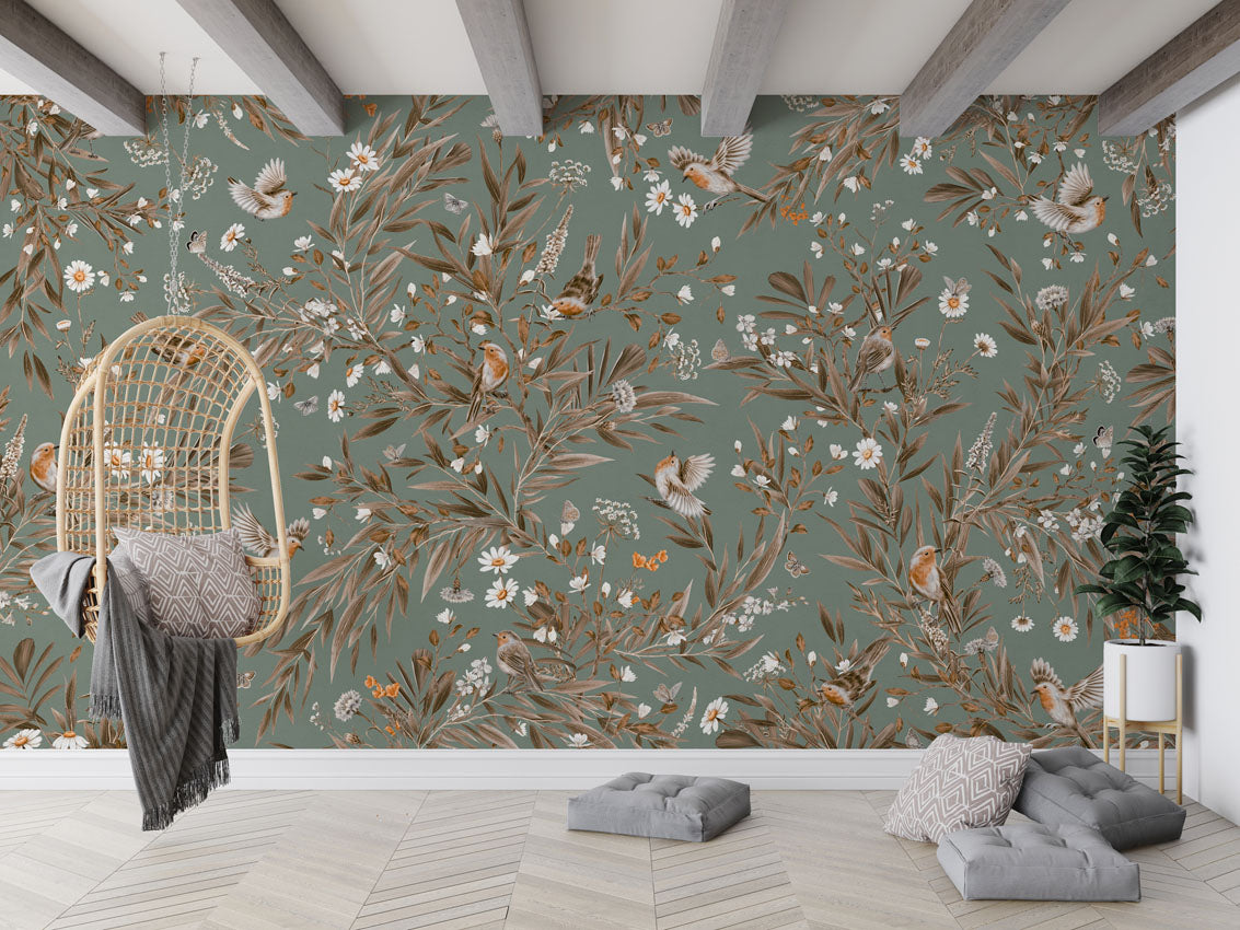 Playful Robins - Vintage - green luxury wallpaper in kids room interior — Artehub Egypt