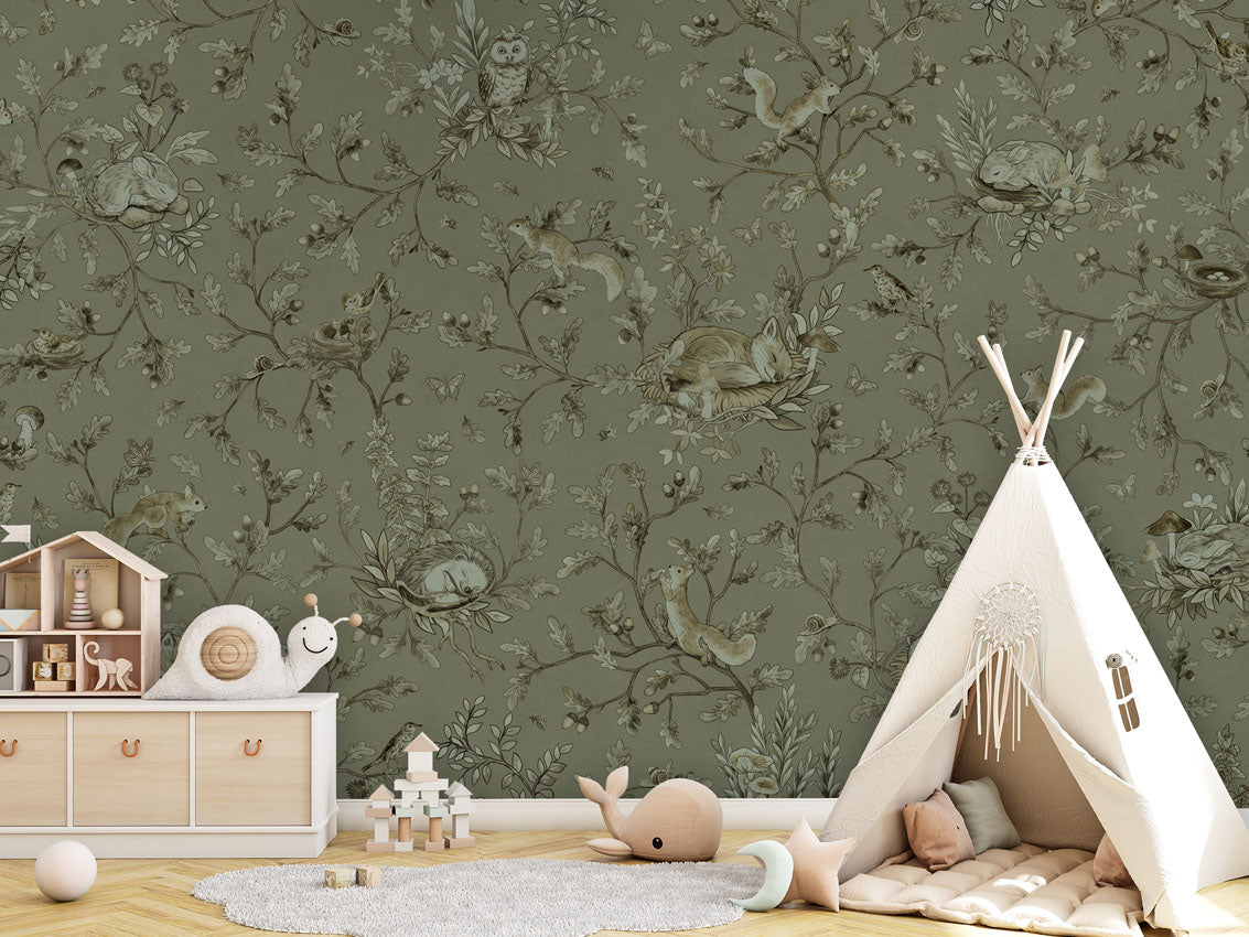 Playful Woods - Monochrome - green luxury wallpaper in kids room interior — Artehub Egypt