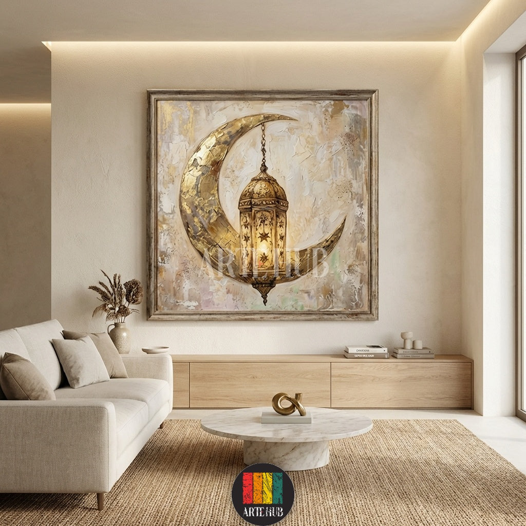 A textured canvas painting of a golden crescent moon and lantern hanging in a stylish kitchen in Egypt. Perfect Ramadan wall art by Artehub.
لوحة فنية لهلال وفانوس رمضان باللون الذهبي معلقة في مطبخ حديث في مصر من Artehub، ديكور رمضاني فاخر.