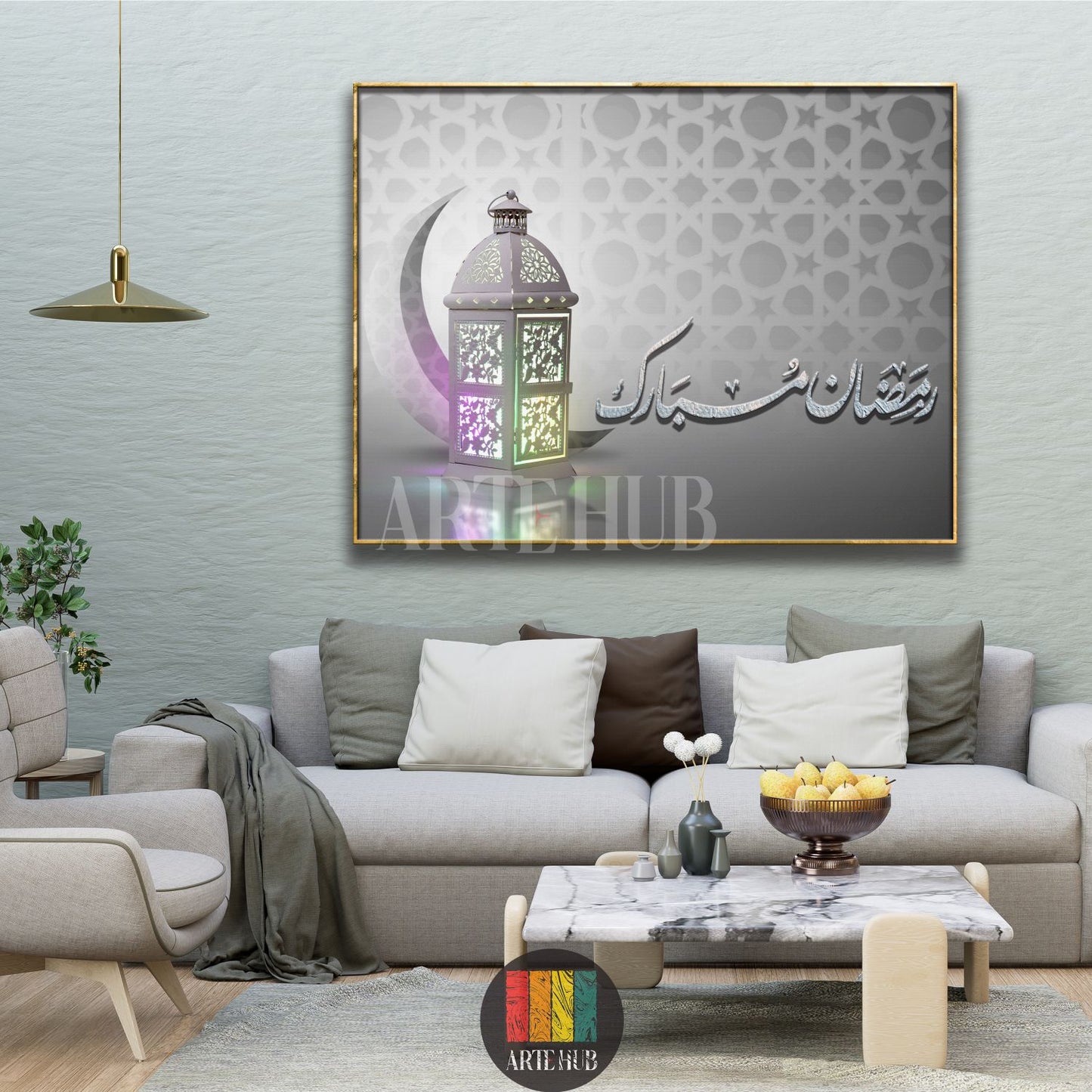 A beautifully lit Ramadan Fanoos (lantern) and crescent moon canvas wall art, featuring 'Ramadan Mubarak' calligraphy, displayed in a modern living room with a grey sofa and marble coffee table. Perfect Islamic decor for Egyptian homes.
صورة تابلوه جداري لفانوس رمضان مضاء وهلال، مع خط 'رمضان مبارك' عربي، معروض في غرفة معيشة عصرية بأريكة رمادية وطاولة قهوة رخامية. ديكور إسلامي مميز للمنازل في مصر.