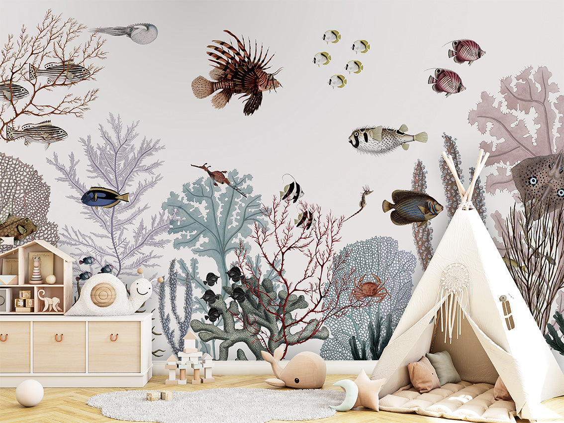 Roaring Reef - White luxury wallpaper in kids room interior — Artehub Egypt