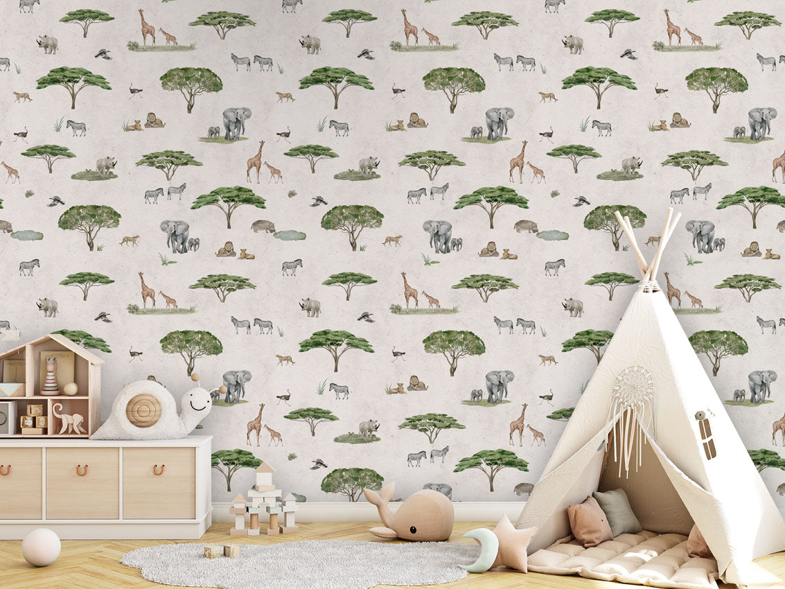 Sunny Savannah - White luxury wallpaper in kids room interior — Artehub Egypt