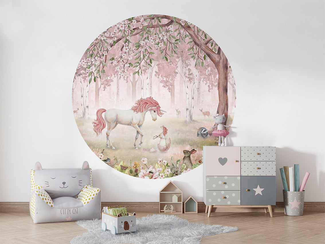 Unicorn Forest Pink wall circle sticker by Artehub