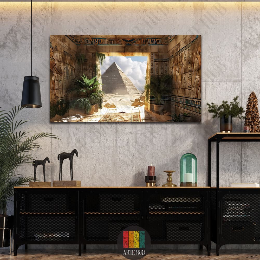 Luxury canvas wall art showing an ancient Egyptian temple view of a pyramid with indoor greenery in a modern room setting.