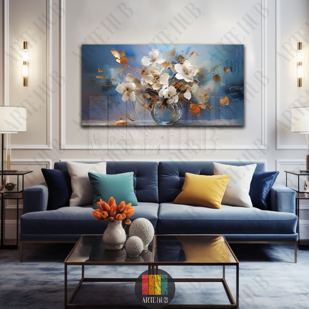 A luxury horizontal canvas wall art featuring white abstract flowers in a glass vase with gold highlights on a deep blue textured background.