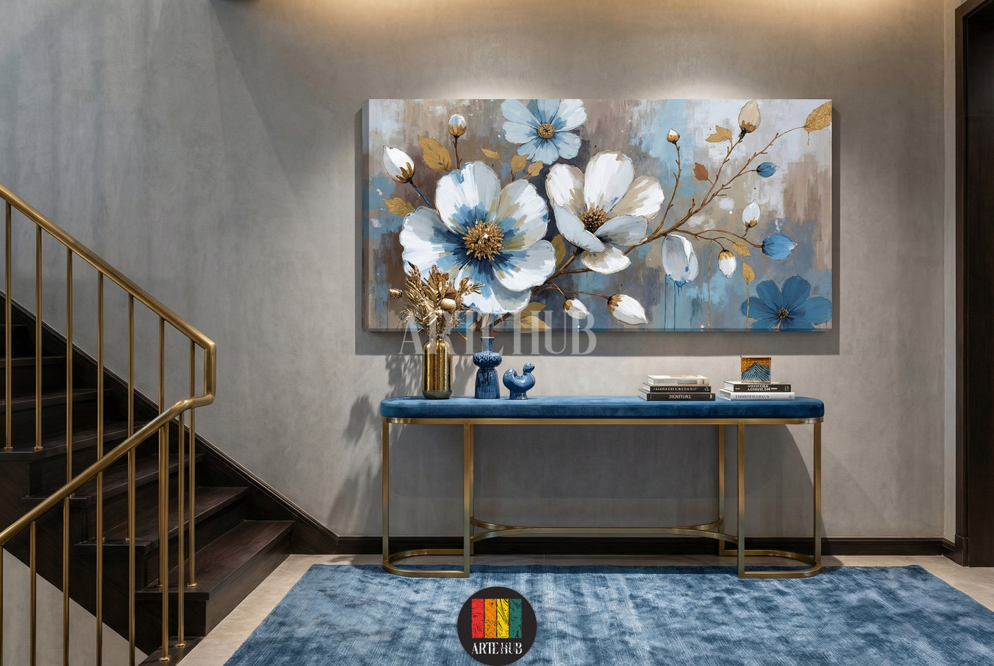 A large horizontal canvas wall art piece with blue and white flowers and gold detailing styled in a luxury hallway in Egypt.