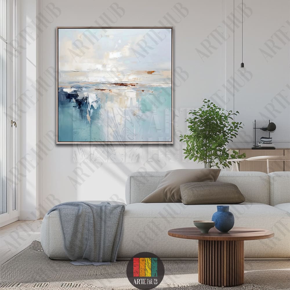 Large abstract canvas wall art featuring blue and teal textured brushstrokes, perfect for modern luxury home decor in Egypt.