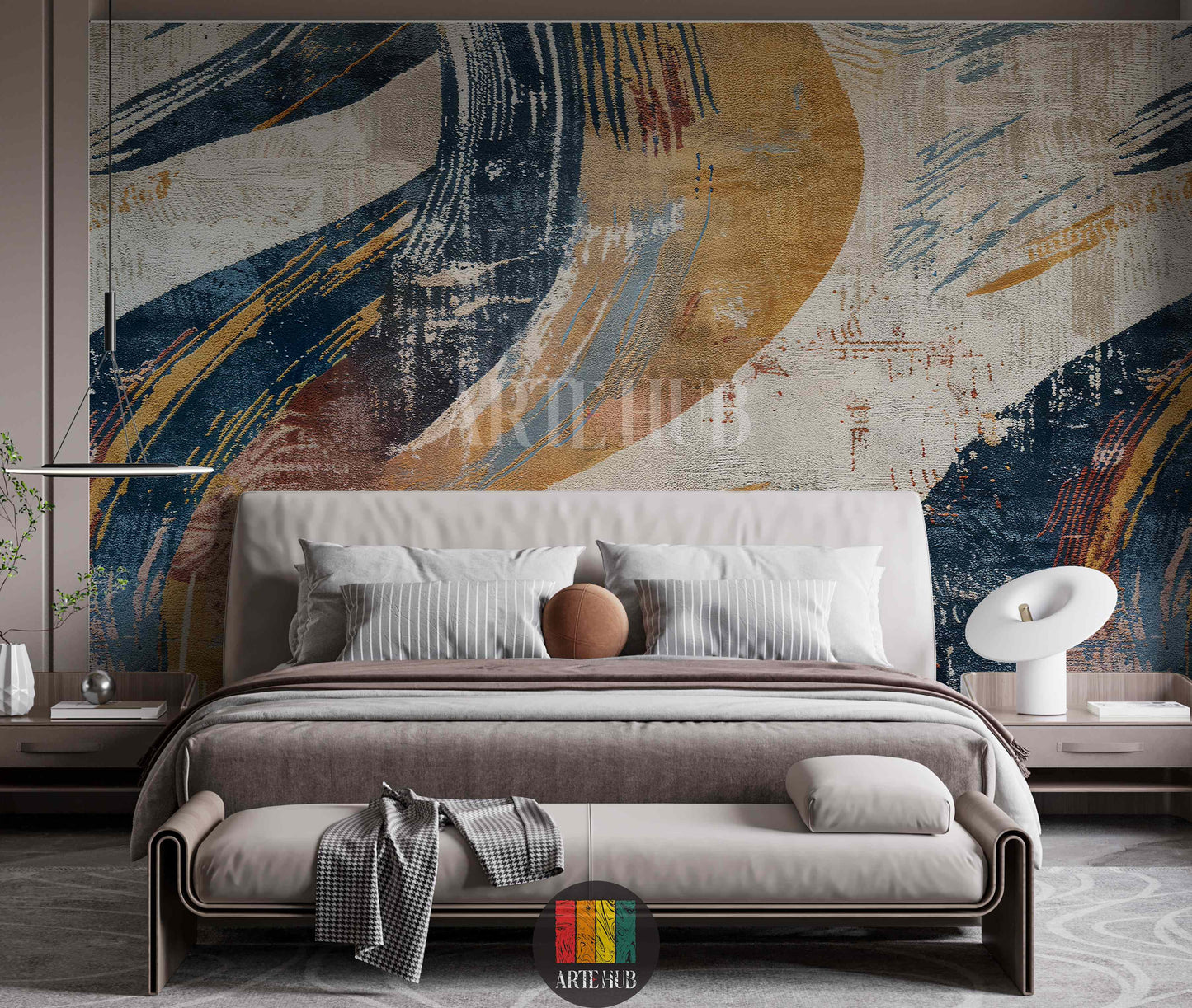 A modern dining room featuring a striking abstract wallpaper with bold blue, yellow, and beige brushstrokes. The room includes a wooden dining table, beige upholstered chairs, and a contemporary chandelier, enhancing stylish home decor in Egypt.
غرفة طعام عصرية مع ورق حائط تجريدي مميز بضربات فرشاة جريئة باللون الأزرق والأصفر والبيج. تشمل الغرفة طاولة طعام خشبية وكراسي منجدة بيج وثريا حديثة، مما يعزز الديكور المنزلي الأنيق في مصر.
room: bedroom