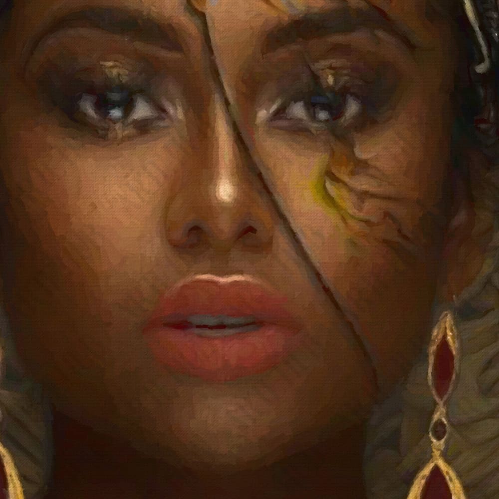 Bronze portrait with random calligraphy canvas