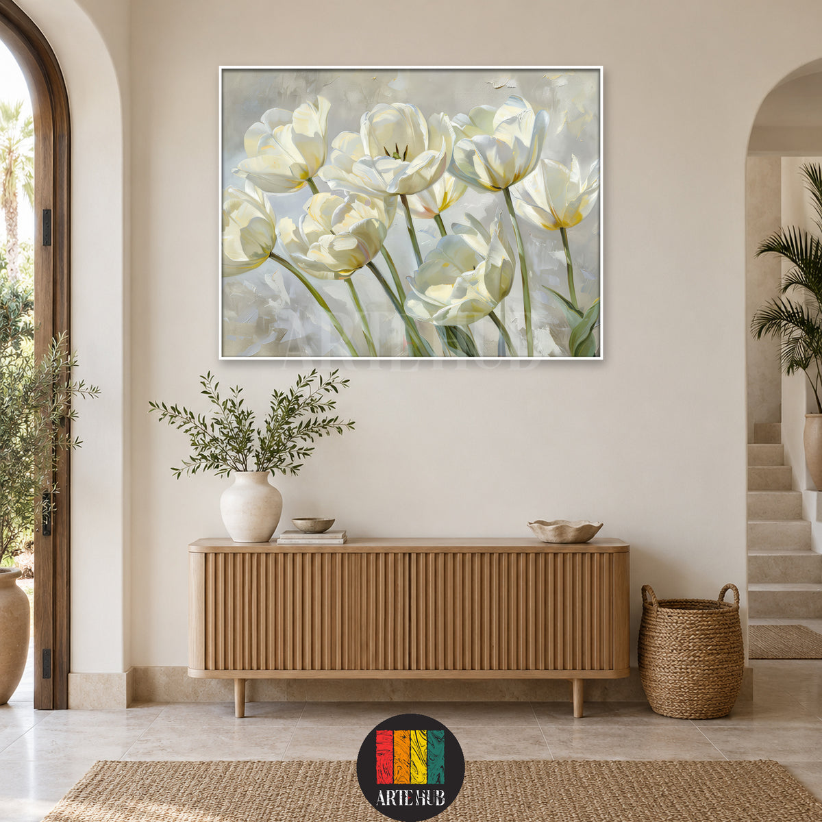 Ivory Reverie — white flowers with green stems on a soft grey background, canvas wall art above an entrance console, Artehub Egypt.