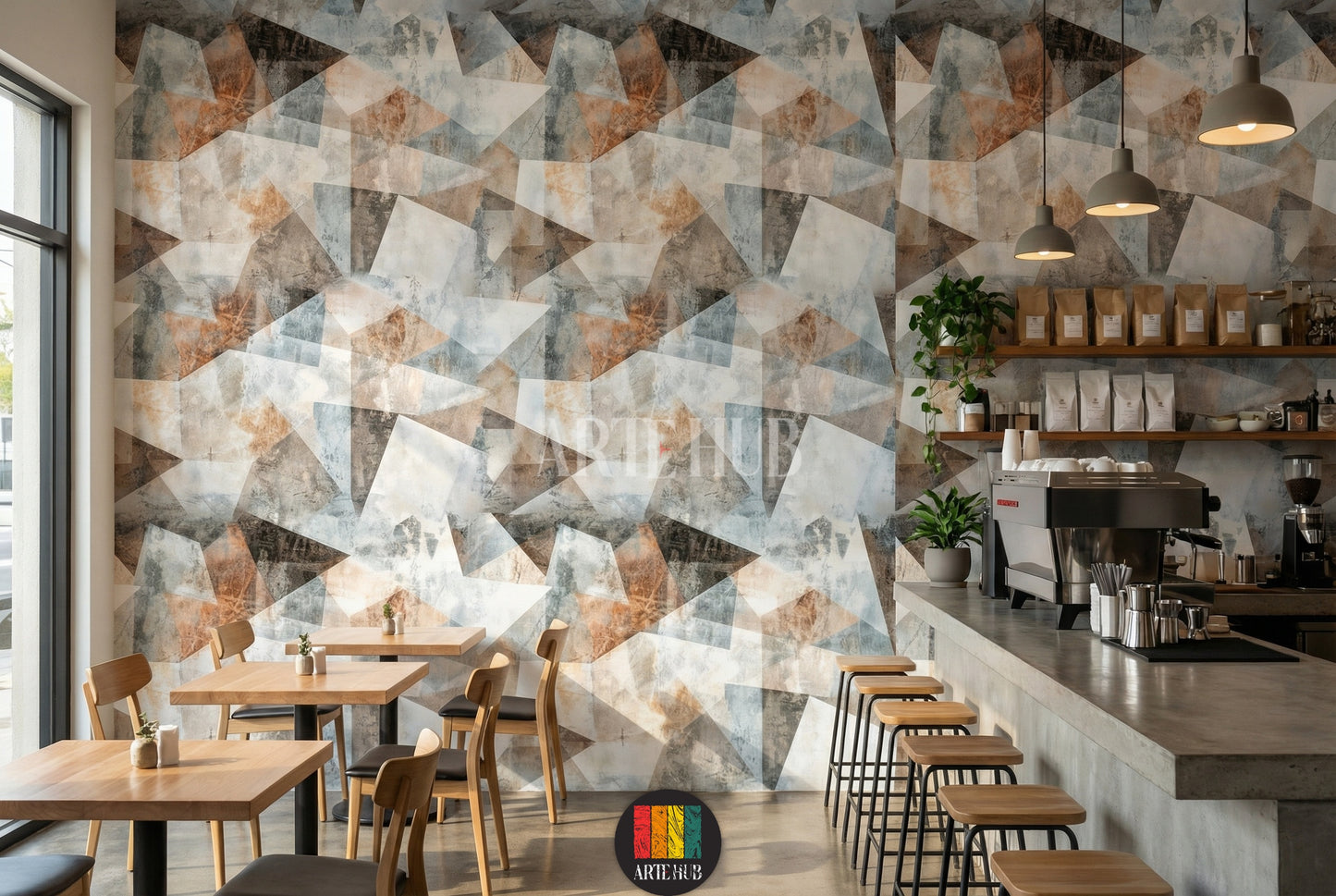 Full view of a modern living room in Egypt featuring a stylish Prism geometric abstract wallpaper in muted earth tones, complemented by a white sofa and contemporary decor elements.
صورة كاملة لغرفة معيشة عصرية في مصر مع ورق حائط Prism بتصميم هندسي مجرد وألوان ترابية هادئة، يكملها أريكة بيضاء وديكورات حديثة.
room: cafe