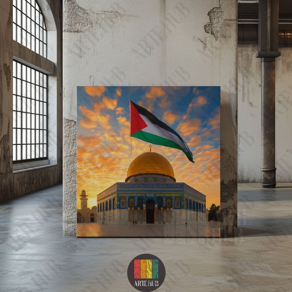 A high-quality canvas wall art featuring the Dome of the Rock in Jerusalem with a Palestinian flag waving against a golden sunset sky, perfect for luxury interior design.