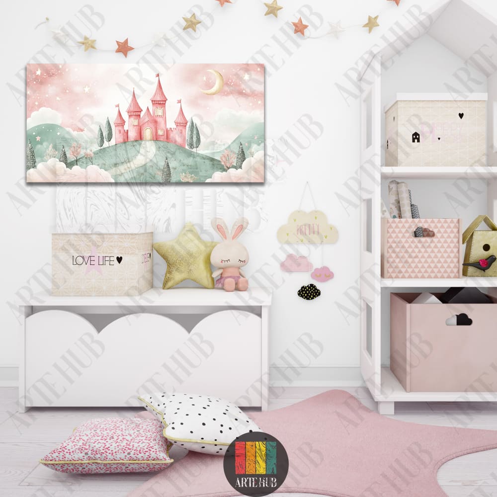 A soft watercolor illustration of a pink castle on green hills for a girl's nursery, premium canvas wall art decor in Egypt.