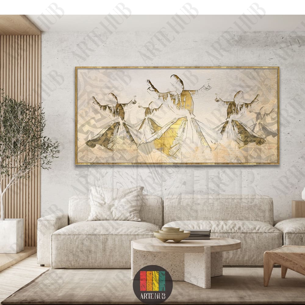 Elegant canvas wall art featuring golden whirling dervishes in a contemporary Sufi style, perfectly suited for luxury modern home decor in Egypt.