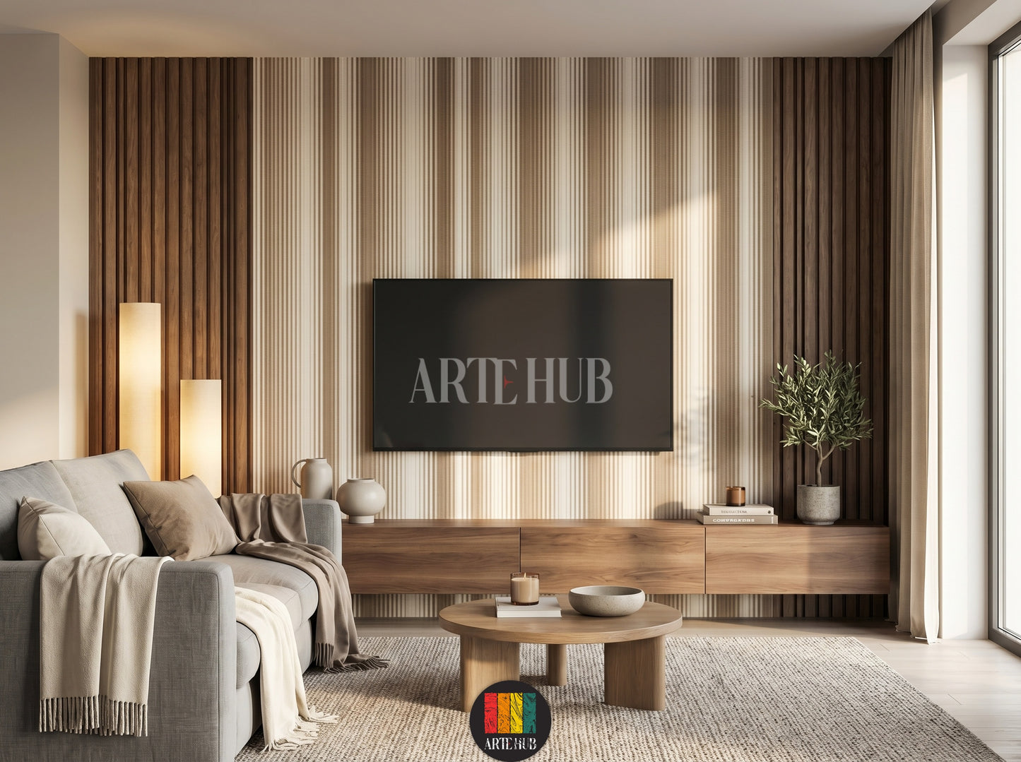 Elegant beige and brown vertical striped wallpaper behind a TV in a modern minimalist living room setting in Egypt.
room: tv room