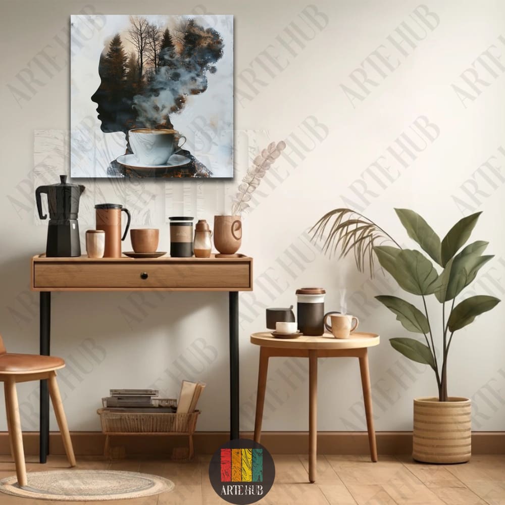 Double exposure style canvas wall art depicting a woman's profile silhouette made of a misty forest and steam from a coffee mug.